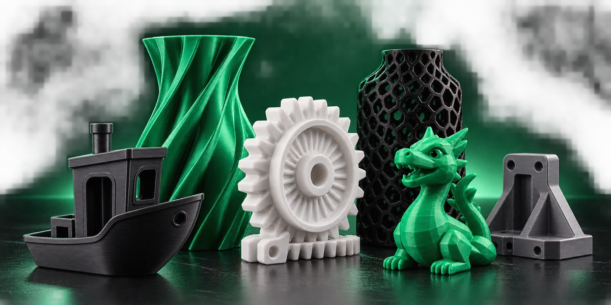 3D printed boat, vase, gear, dragon and bracket in different filament colours